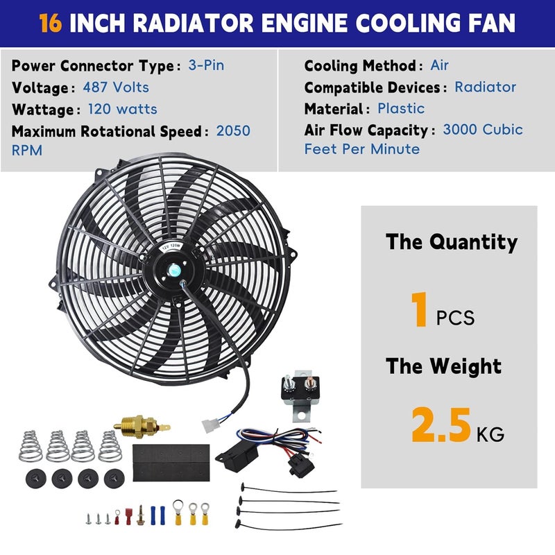 SEBLAFF 16 in Electric Radiator Cooling Fan Assembly Kit 10 S Blades Reversible Push or Pull 3000 CFM 12V Black - Image 2